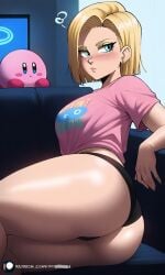 1girls ai_generated android_18 ass ass_view big_ass big_breasts black_panties blonde_hair breasts dragon_ball dragon_ball_super dragon_ball_z echosaber_(ai_style) kirby kirby_(series) looking_back lying_on_side panties pink_shirt short_hair