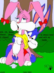 1990s 1999 20th_century anthro babs_bunny breast_fondling breasts buster_bunny cum dialog english_text female fingering fondling fur furry lagomorph male moan nipples pussy pussy_juice rabbit text tiny_toon_adventures tiny_toons uncensored warner_brothers