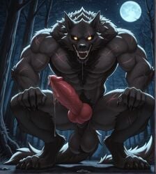 1boy abs ai_generated animal_ears anthro balls bara black_body black_fur canine canine_penis civitai completely_nude completely_nude_male detailed_background erection forest full_body full_moon furry furry_male huge_cock large_pectorals large_penis looking_at_viewer male male_focus male_only moon muscular muscular_anthro muscular_male navel night night_sky nipples nsfw nude nudity open_mouth outdoors pectorals penis precum saliva scar sky solo squatting tail teeth testicles thick_thighs thighs tree uncensored veins werewolf yellow_eyes