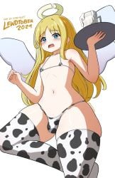 1boy angel angel_wings aureola big_balls bikini blonde_hair blue_eyes blush bulge clothed cow_bikini cow_print cowkini crimvael embarrassed femboy fraxstars halo ishuzoku_reviewers jar jar_of_cum light_skin long_hair male male_only milk milk_jar open_mouth otoko_no_ko pale_skin simple_background standing_on_one_leg thick_ass thick_legs thick_thighs thigh_gap thigh_highs thighs tight_clothing wide_hipped_intersex wide_hips