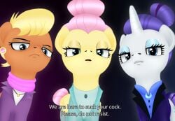 3girls anonymousandrei derpibooru dialogue fluttershy_(mlp) imminent_oral imminent_sex ms._harshwhinny_(mlp) my_little_pony pony rarity_(mlp) text unicorn