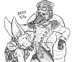 2boys atsumori999 avian canine fellatio fennec fox furry furry_only gay hat male male_only military monochrome no_humans oral penis pilot raven_(bird) sketch testicles