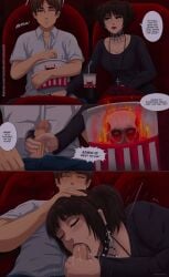 1boy 1boy1girl 1girls 2d 2d_(artwork) alternate_universe asian_female attack_on_titan black_hair blowjob canon_couple closed_eyes clothed cum cum_in_mouth cum_inside dialogue english_text eremika eren_jaeger fellatio female forbidden goth goth_mikasa handjob lovers male mikasa_ackerman modern_au movie_theater oral oral_creampie public pushing_head_down shingeki_no_kyojin stealth_sex straight