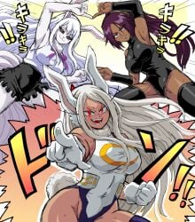 3girls bleach bunny_ears bunny_girl carrot_(one_piece) fusion highleg highleg_leotard large_breasts leotard lewdamone miruko my_hero_academia one_piece shihouin_yoruichi thighhighs thighs