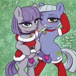 bell_collar chastity_cage chastity_key christmas christmas_outfit dialogue femboy limestone_pie_(mlp) maud_pie_(mlp) my_little_pony pony sisters t72b text