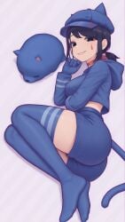 1girls ass ass_focus black_eyes black_hair blue_cat blue_cloth blue_clothing blue_thighhighs cappie_(miside) cat cat_ears cat_tail cool_mita_(miside) female female_only human human_female humanoid illletitstaycauseitssfw miside mita_(miside) on_bed sole_female tagme thighhighs white_skin