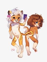 2girls 3:4 anthro anthro_female anthro_only anus auvere biped brown_hair canid canine canis cellphone cheetah countershade_tail countershade_torso countershading cub domestic_dog duo electronics eyebrows felid feline female female_cub female_only fingers fur furry furry_female furry_only genitals hair hi_res holding_cellphone holding_object holding_phone holding_smartphone jenny_(forlau) lis_(forlau) mammal open_mouth open_smile phone pussy simple_background smartphone smile tail url white_background young young_anthro young_female