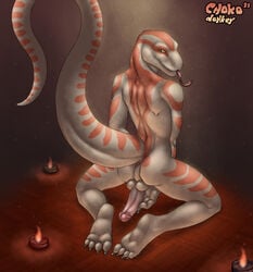 1boy 2011 amber_eyes anus ass balls body_markings candle chokodonkey claws corn_snake erection forked_tongue hextra high_resolution hindpaw humanoid_penis kneeling long_tongue looking_at_viewer looking_back male male_only markings nude orange paws penis presenting presenting_hindquarters raised_tail reptile scalie smile snake solo spread_legs spreading stripes tail thighs toes tongue tongue_out white_scales