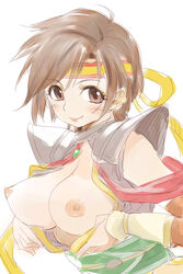 breasts brown_eyes brown_hair female headband highres michael_f91 nene nipples pointy_chin sengoku_musou sengoku_musou_2 short_hair shoulder_pads smile solo topless