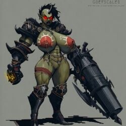 abs ai_assisted ai_generated angry areolae arm_cannon armor armored_boots athletic_female black_armor breasts breasts_out female female_only full_body gauntlets gold_trim greaves greyscaler heavy_armor heels high_heel_boots high_heels horn huge_breasts looking_at_viewer mohawk muscular muscular_female muscular_thighs navel nipples orc orc_female pixel_art power_armor pussy pussy_out skirt solo solo_female torn_clothes tribal tribal_markings tribal_tattoo vagina vagina_out wide_hips