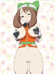 bee-j1 blush bottomless breasts brown_hair clothes_between_breasts covering covering_breasts gloves hat highres human human_only innie_pussy large_breasts long_hair makoto_daikichi may_(pokemon) may_(pokemon_emerald) navel pokemon pussy smile tear uncensored