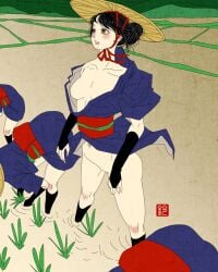 asian black_hair brown_eyes conical_hat no_bra no_sex pale_skin partially_clothed rice_hat seigo_suzuki solo_female ukiyo-e