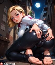 1girls ai_generated aliusnext anus_focus anus_outline anus_visible_through_clothes ass big_ass big_butt blonde_female blonde_hair blush breasts bubble_butt curvy curvy_figure feet gaping_anus gwen_stacy gwen_stacy_(spider-verse) high_quality high_resolution highres looking_back marvel medium_ass medium_breasts on_knees patreon petite petite_body pussy_outline skin_tight slim slim_thick small_feet soles spider-gwen spider-man:_across_the_spider-verse spider-man:_into_the_spider-verse spider-man_(series) spider_girl spread_anus spreading_anus spreading_ass spreading_own_anus stirrup_legwear suit superheroine tagme thighs