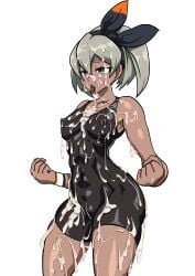 1girls bea bea_(pokemon) color colored covered_in_cum cum_in_mouth cum_on_breasts cum_on_face dark-skinned_female dark_skin empty_eyes female female_only nikunigushii nipple_bulge nipple_outline nipples one_piece_swimsuit pokemon pokemon_ss simple_background skinsuit solo solo_female swimsuit tongue tongue_out