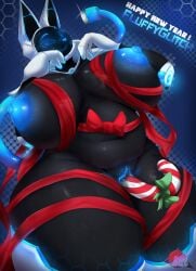 absurd_res anthro areola ass belly big_areola big_breasts big_butt bodily_fluids bow_ribbon breasts candy candy_cane christmas dessert female fluffy_(fluffyglitch) food genital_fluids hi_res holidays improvised_dildo improvised_sex_toy machine rinthalox robot solo vaginal_fluids