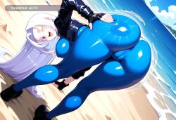 1990s 1girl ai_assisted ai_generated back_view beach big_breasts blue_bodysuit bodysuit bouncing_breasts building camel_toe colored_eyelashes cropped_jacket curvy dutch_angle dynamic_angle erect_nipples fingerless_gloves full_body gloves grabbing_butt happy hip_focus jacket looking_at_viewer looking_back looking_behind motion_lines open_mouth pale purple_eyes shiny_skin smile spanking_butt standing toned_body underbutt white_hair wide_hip