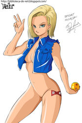 almost_nude android android_18 big_breasts blonde blonde_female blonde_hair blue_eyes blue_vest boob_window bottomless breasts cyborg cyborg_(designation) dragon_ball dragon_ball_(object) dragon_ball_super dragon_ball_z earring earrings female jacket looking_at_viewer navel nude open_clothes pussy red_ribbon_army reit semi_nude short_hair sleeveless_jacket solo tattoo vagina vest