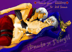 2boys anal black_gloves blush bottomless bound_wrists censored cum cum_on_body cum_on_lower_body cum_while_penetrated dante devil_may_cry fingerless_gloves gay gloves grey_hair hair handjob heavy_breathing incest male male_only open_clothes open_shirt sex shirt twins vergil white_hair yaoi