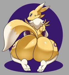 anthro ass bandai_namco big_breasts big_butt black_sclera blue_eyes breasts canid canine cherryfox73 clothing digimon digimon_(species) female fur huge_butt looking_at_viewer mammal nude renamon simple_background solo white_body white_fur yellow_body yellow_fur