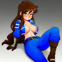 ai_generated big_breasts big_breasts blue cartoon clothed large_breasts sexy shy suit