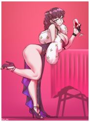 1girls alternate_costume black_dress borvar brown_hair cleavage curvy dolla_(nikke) female gloves goddess_of_victory:_nikke high_heels huge_ass large_breasts legs long_hair looking_at_viewer one_leg_raised purple_eyes smile solo standing table thick_thighs wine_glass