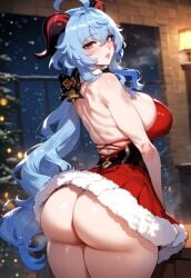 1girls ahoge ai_generated ass back backless_outfit bangs bare_shoulders bell black_bow blue_hair blush bow breasts christmas christmas_outfit christmas_tree cleavage clothing curvaceous curvaceous_female curvaceous_figure curvy curvy_figure detached_sleeves dress female female female_focus female_only from_behind fur_trim ganyu_(genshin_impact) genshin_impact goat_horns hair_between_eyes hair_ornament horns huge_ass indoors inviting inviting_to_sex large_breasts lips long_hair looking_at_viewer looking_back low_ponytail miyuai neck_bell night night_sky open_mouth outdoors parted_lips presenting presenting_ass presenting_hindquarters purple_eyes red_dress santa_costume santa_dress santa_hat seductive seductive_look seductive_smile sideboob sidelocks sky sleeveless smile snow snowing solo standing sweat thick_thighs thighs tied_hair very_long_hair voluptuous voluptuous_female