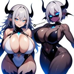 2girls ai_generated big_ass big_breasts black_horns blue_eyes busty ebony glowing_eyes long_hair pointy_ears poncedart short_hair smug smug_expression smug_face smug_grin smug_smile succubus succubus_costume succubus_horns twitter_username white_hair