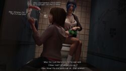 2girls 3d bathroom bisexual blue_hair brown_hair chloe_price clothed cock_shock cucked_lesbian dialogue dinoboy555 english_text female glory_hole imminent_oral life_is_strange male max_caulfield orientation_play penis penis_awe petite teenager text toilet uncensored