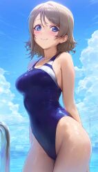 ai_generated blue_eyes breasts breasts_out brown_hair competition_swimsuit female levia9781 love_live! love_live!_sunshine!! medium_breasts navel nipples one-piece_swimsuit short_hair solo stomach swimsuit thighs watanabe_you wavy_hair