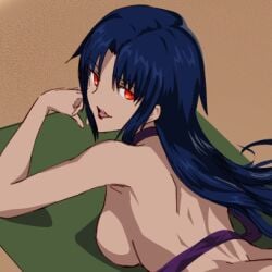 alternate_version_available axia-chan beach big_muscles blue_hair breasts ciel_(tsukihime) commentary_request elesia_(tsukihime) evil_smile female large_breasts long_hair looking_at_viewer lowres michael_roa_valdamjong possessed possession red_eyes roa-ciel sideboob smile solo steepled_fingers tsukihime unworn_bikini_top