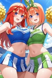 ai_generated blue_eyes blush breast_press cheerleader cheerleader_uniform go-toubun_no_hanayome large_breasts midriff nakano_itsuki nakano_yotsuba orange_hair outdoors pom_poms red_hair smile