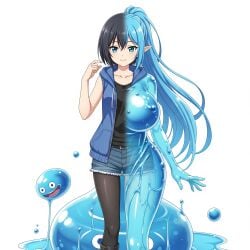 2girls ai_generated black_boots black_hair black_legwear black_shirt blue_eyes blue_hair blue_hoodie breasts cleavage female fusion green_eyes hair human_female large_breasts long medium_breasts nude ponytail short_hair sleeveless_shirt slime slime_girl transformation transformation_sequence
