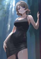 ai_generated blue_eyes breasts brown_hair cleavage levia9781 love_live! love_live!_sunshine!! short_hair short_skirt smile thighs tight_clothing tight_fit watanabe_you