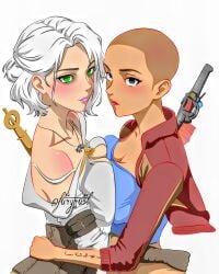 2girls bald_female big_breasts breast_to_breast breasts cd_projekt_red ciri crossover dark-skinned_female female furyrust green_eyes intergalactic:_the_heretic_prophet jordan_a_mun light-skinned_female naughty_dog scar sword the_witcher_(series) the_witcher_3:_wild_hunt witcher_medallion