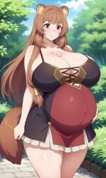 1girls ai_generated chest_tattoo clothed clothing dress expecting gigantic_breasts happy huge_breasts massive_breasts outdoors outside pixai pregnant raphtalia smile solo tate_no_yuusha_no_nariagari tgm101_(artist) the_rising_of_the_shield_hero thick_thighs wide_hips