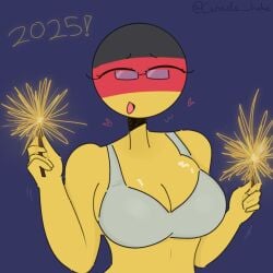 1girls 2025 :d almost_naked almost_nude artist_name artist_signature big_breasts bra breasts closed_eyes countryhumans countryhumans_girl day dusk female female_only germany_(countryhumans) glasses happy happy_female happy_new_year new_year source sparkler twitter_link twitter_username xx.canada.xx yellow_body yellow_skin