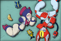 2girls blue_body blush brass brass_(medarot) closed_eyes cord cyandog female female_masturbation fingering masturbation medabots medarot metabee moan multiple_girls panties peppercat plushie pussy_juice red_body robot robot_girl robot_humanoid tail underwear unknown_artist