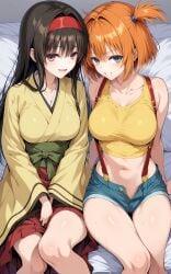 2girls :d ai_generated asymmetrical_hair bangs bare_legs bare_shoulders bed bed_sheet black_hair blue_shorts blush breasts brown_eyes brown_hair clavicle cleavage closed_mouth clothing crop_top denim denim_shorts erika_(pokemon) female gen_1_pokemon green_eyes grin gym_leader hair_between_eyes hairband hakama hakama_skirt headwear indoors kasumi_(pokemon) kasumi_(pokemon) kimono large_breasts legs long_hair long_sleeves looking_at_viewer medium_breasts midriff multiple_girls navel obi on_bed one_side_up open-mouth_smile open_clothes open_fly open_mouth open_shorts orange_hair pokemon pokemon_character pokemon_species ponytail protagonist_(pokemon) red_hairband red_skirt robe shiny_skin shirt short_hair short_shorts shorts side_ponytail sitting skirt sleeveless smile stomach suspender_shorts suspenders sweat tank_top teeth thighs tied_hair traditional_clothes unzipped wafuku wide_sleeves yellow_kimono yellow_shirt yellow_tank_top yuri