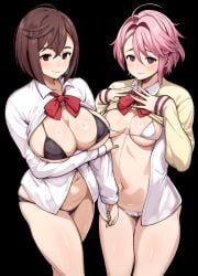 2girls ahoge arm_grab asian ayase_momo big_breasts black_underwear blush breast_size_difference brown_eyes brown_hair dandadan earrings female female_only fingers_together grabbing_own_arm gyaru japanese kogal norakuro_nero open_clothes open_shirt partially_clothed pink_hair purple_eyes school_uniform schoolgirl shiratori_aira_(dandadan) short_hair sweater_up underwear white_underwear