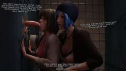 2girls 3d bathroom bisexual blowjob blue_hair brown_hair chloe_price clothed cum cum_in_mouth dialogue dinoboy555 english_text fellatio female glory_hole life_is_strange male max_caulfield oral oral_creampie penis teenager toilet