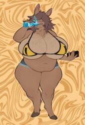 anthro belly big_belly big_breasts bikini breasts bunny commission denim denim_shorts exclamation_point fat furry furry_female hooves huge_breasts large_stomach oc original original_character phone rabbit slurp_juice soda thicc thick thick_thighs thighs wonderslug_(artist)