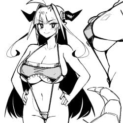 ahoge ass bikini breasts christmas christmas_lingerie cleavage dismassd dragon dragon_girl hair_intakes hololive horns huge_breasts kiryu_coco large_ass long_hair looking_at_viewer micro_bikini midriff monochrome pointy_ears sideboob sketch smile swimsuit tail underboob virtual_youtuber wide_hips