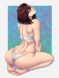 1girls 2024 2d 2d_(artwork) arched_back ass ass_focus ayase_momo background_pattern bare_shoulders barefoot border bra brown_hair dandadan earrings esper feet female female_focus female_only female_protagonist gyaru head_tilt head_tilted_back highres human human_female human_only jewelry limn044 lips looking_at_viewer looking_back medium_hair no_sex not_ai_generated paag panties pinup plump_ass questionable red_eyes shiny_skin simple_background soles solo solo_female teenage_girl teenager thighs underwear white_border white_bra white_panties