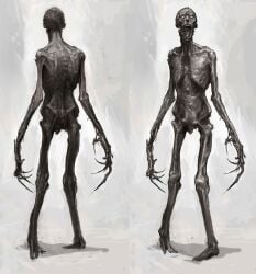 1other artist_request collarbone dark_skin deformed emaciated full_body hip hips horror knees long_arms long_fingernails long_hands multiple_views non-sexual_nudity nude ribs skinny solo standing tailbone thin