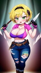 ai_generated armored blonde_hair mona_fitzgerald_(bob_novel) original_character ripped_jeans thicc thight_clothing