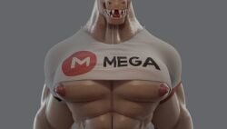 1boy abs artist_request bara clothes_writing facial_hair grey_background male_focus muscle muscular_male nipples pectorals solo upper_body