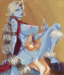 blue_skin blush body_markings breasts celestial_(league_of_legends) cum cum_in_pussy cum_inside cum_on_horn hair hooves horn large_breasts league_of_legends long_hair nipple ponytail pussy smooth_skin soraka tattoos tied_hair white_eyes white_hair