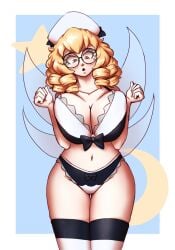 2022 big_breasts blonde_hair bra breast_squeeze breasts breasts_squeezed_together drill_hair fairy fairy_wings female glasses hat large_breasts luna_child panties round_glasses solo spookoarts touhou