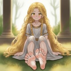 1boy ai_generated bandai_namco barefoot blonde_hair blush braided_hair elden_ring femboy foot_fetish fromsoftware gold_eyes grass long_hair looking_at_viewer miquella sitting soles toes trap