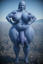 ai_generated alien_futa alien_humanoid amazonian_futa areolae asari blue_eyes blue_skin broad_shoulders city feet female full_body_view futanari hands_on_hips mass_effect nipples nude original_character penis perchance_ai solo_futa tentacle_hair testicles